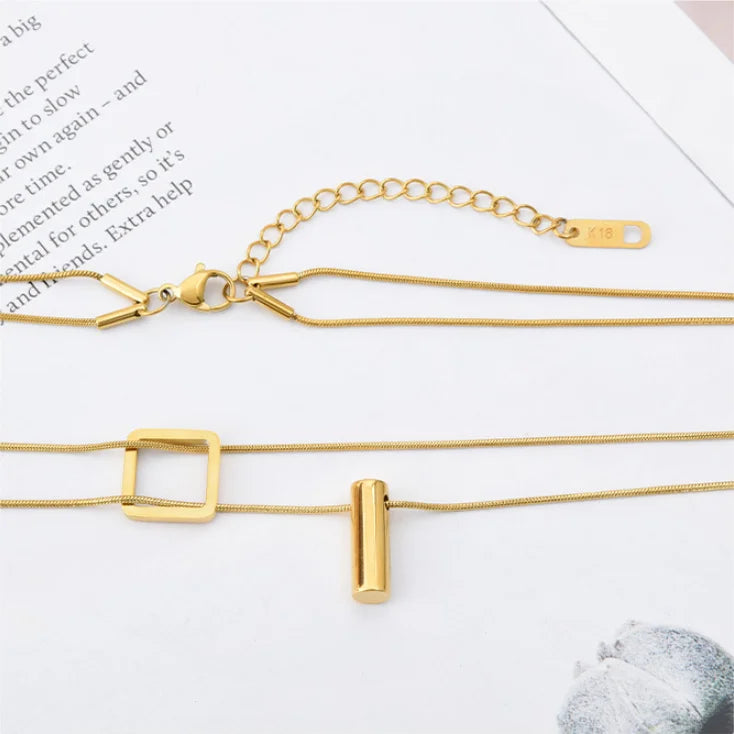 316L Stainless Steel Square Cylinder Pendant Double Layer Snake Bone Chain Choker Necklace For Women Fashion Fine Jewelry N848