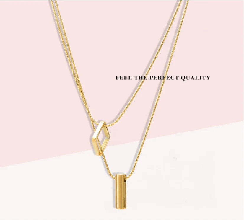 316L Stainless Steel Square Cylinder Pendant Double Layer Snake Bone Chain Choker Necklace For Women Fashion Fine Jewelry N848