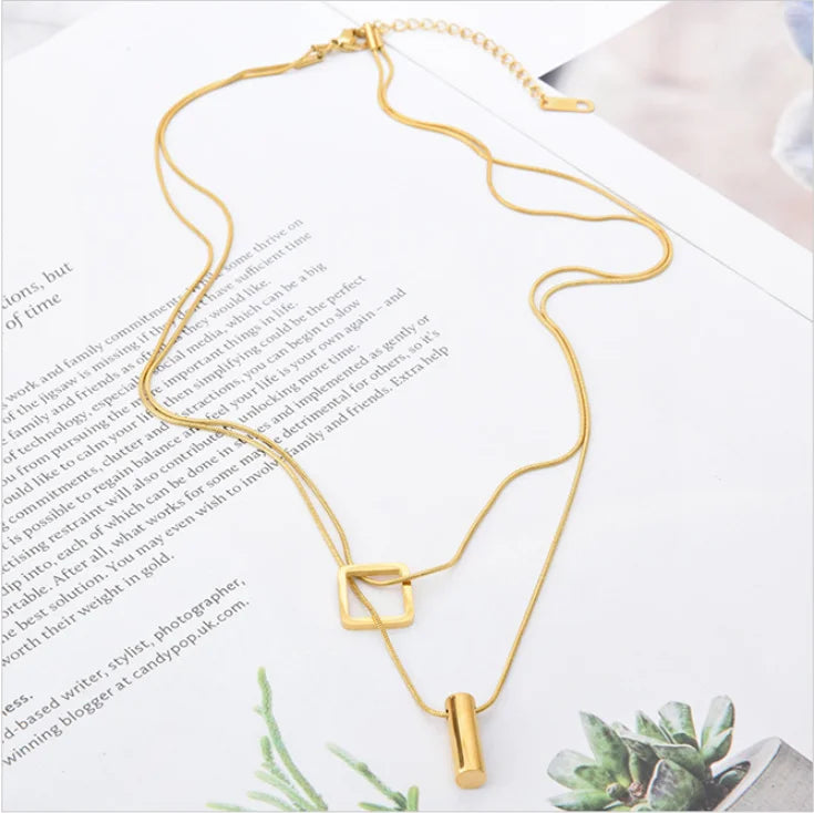 316L Stainless Steel Square Cylinder Pendant Double Layer Snake Bone Chain Choker Necklace For Women Fashion Fine Jewelry N848