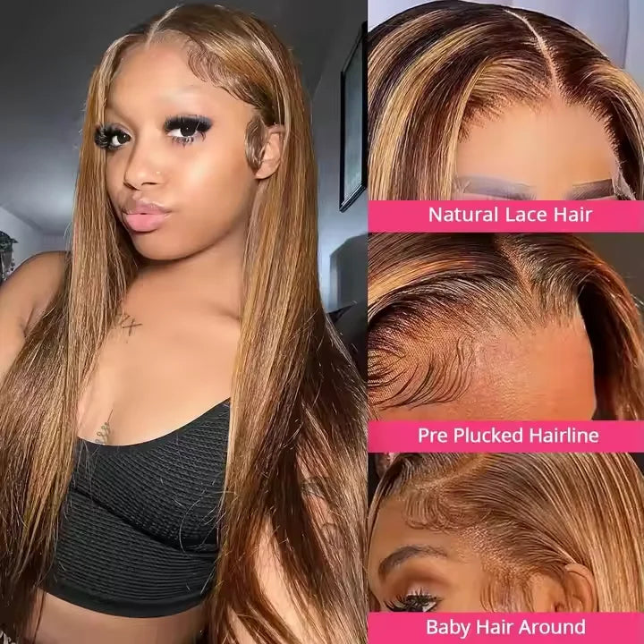 Peruca frontal de renda reta P4/27 360 Full HD com mechas loiras mel, cabelo vietnamita cru frontal para mulheres