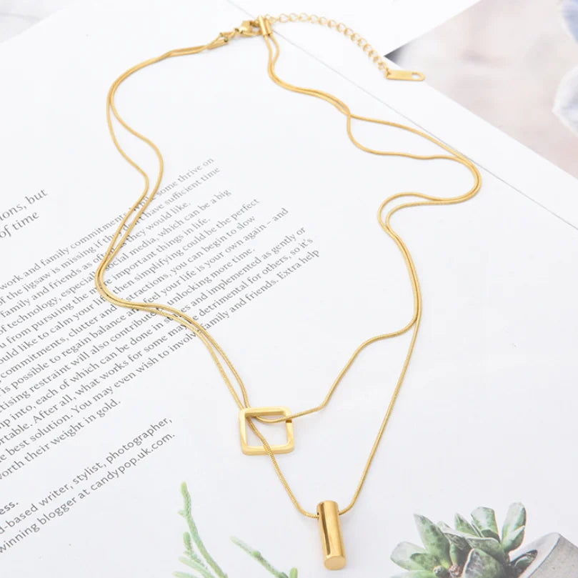 316L Stainless Steel Square Cylinder Pendant Double Layer Snake Bone Chain Choker Necklace For Women Fashion Fine Jewelry N848