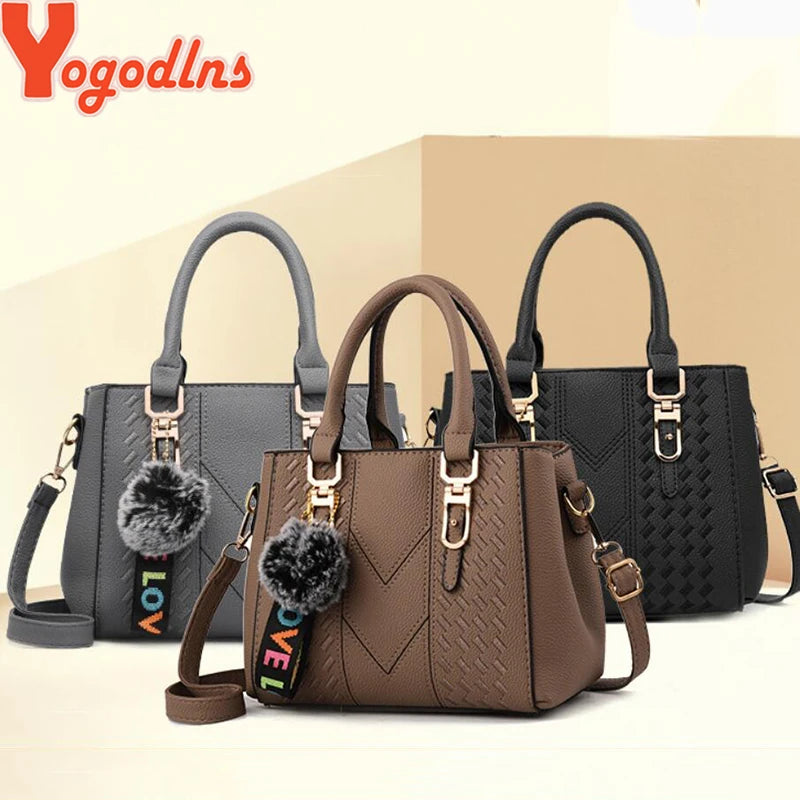 Yogodlns brand high quality thread hairball strap ladies totes shopping work flap women messenger shoulder crossbody handbag