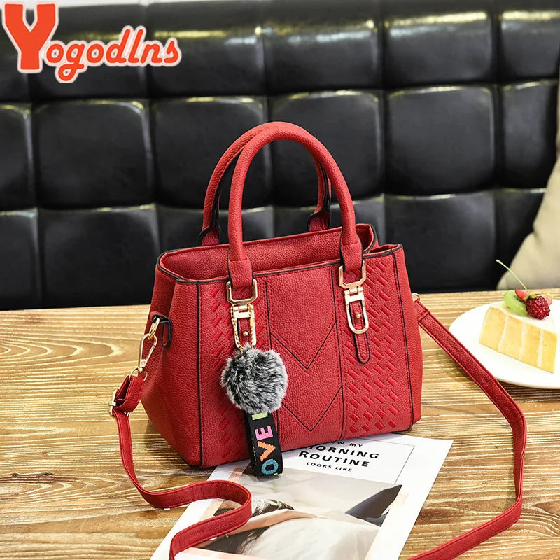 Yogodlns brand high quality thread hairball strap ladies totes shopping work flap women messenger shoulder crossbody handbag
