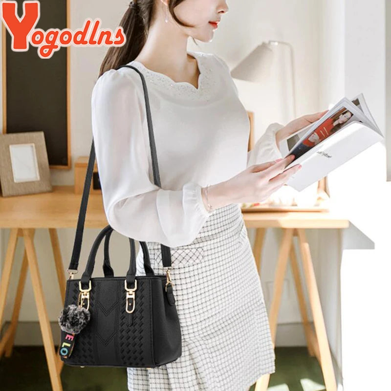 Yogodlns brand high quality thread hairball strap ladies totes shopping work flap women messenger shoulder crossbody handbag