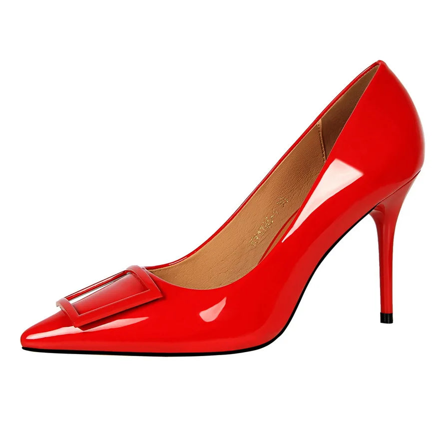 1785-1 Fashion Professional OL High Heel Women's Shoes With Fine Patent Leather Shallow Mouth Pointed square Buckle Single Shoes