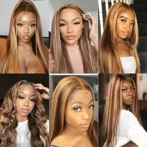 Peruca frontal de renda reta P4/27 360 Full HD com mechas loiras mel, cabelo vietnamita cru frontal para mulheres