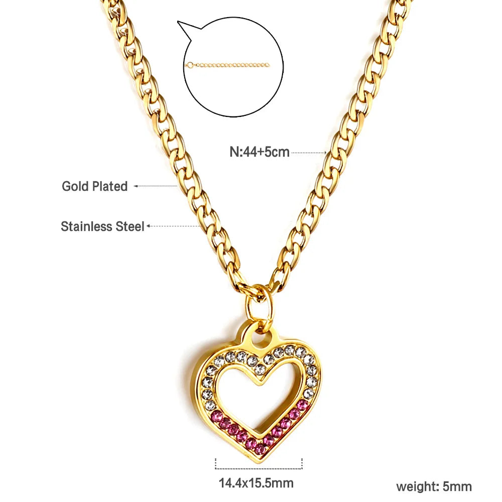 LUXUSTEEL New Stainless Steel Heart Pendant Necklace for Women Girls Temperament CZ Crystal Charm Choker Fashion Jewelry Gifts