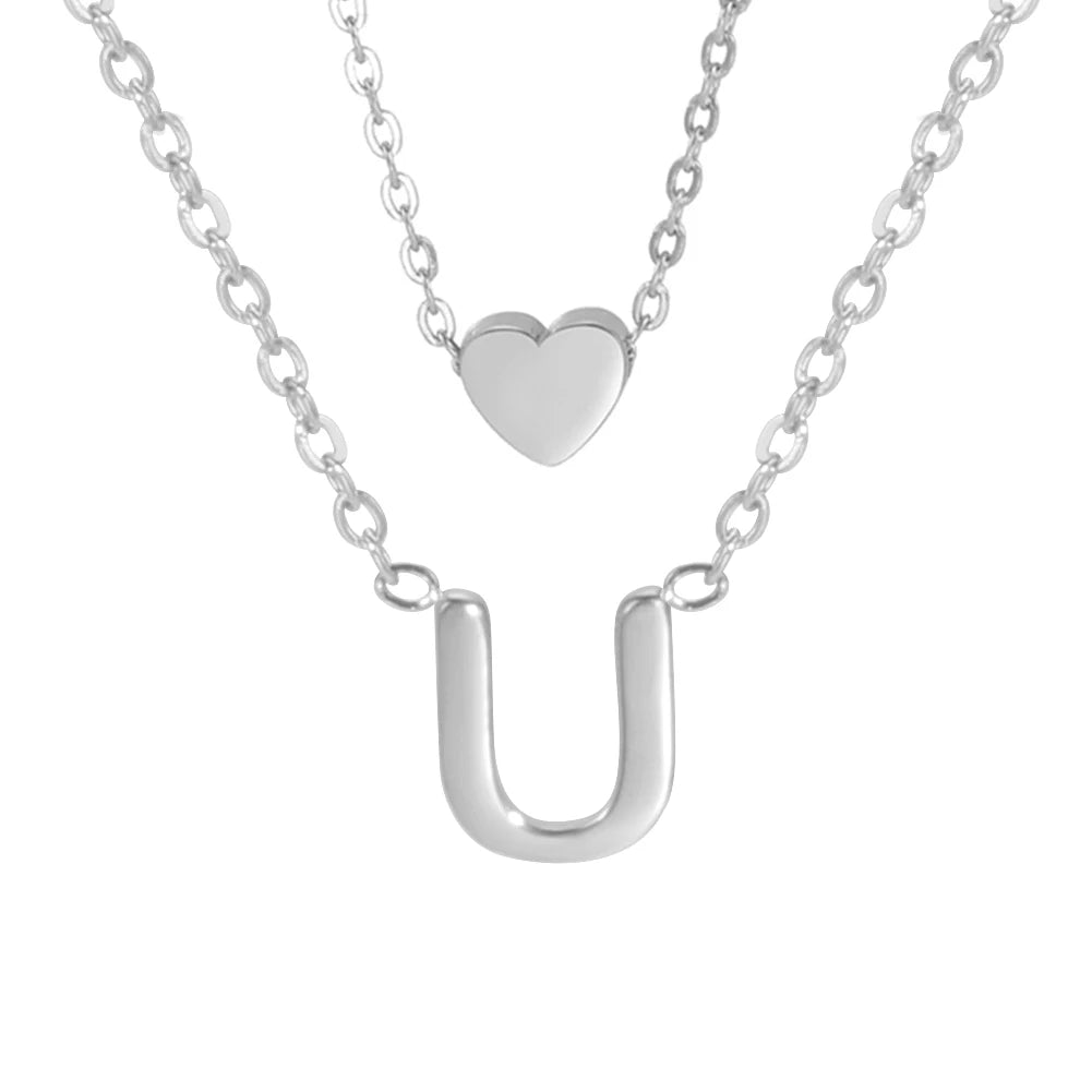 Amaxer Initial Letter Heart Pendant Double Layer Necklace For Women Girl A-Z Alphabet Stainless Steel Choker Collar Jewelry Gift