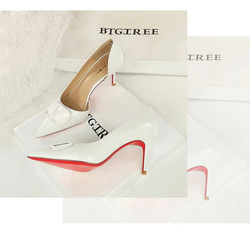 French Square Buckle Side Empty Slim Heel High Heels Women's Shoes Patent Leather Shiny Pointed Toe Shallow Mouth Single Shoes