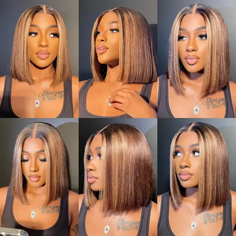 Peruca reta Bob com mechas Ombre, densidade 200%, 13x4 HD, renda frontal, 4/27, loira mel, brasileira, cabelo humano 100% pré-arrancado