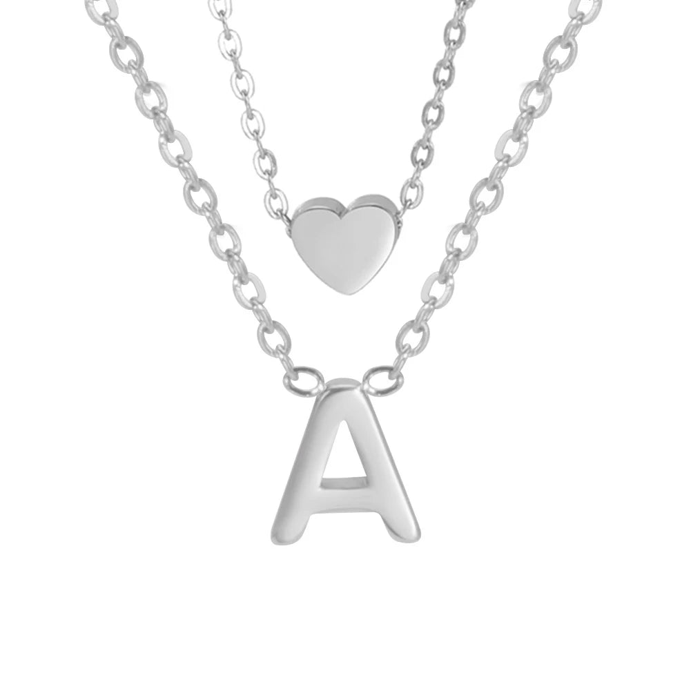 Amaxer Initial Letter Heart Pendant Double Layer Necklace For Women Girl A-Z Alphabet Stainless Steel Choker Collar Jewelry Gift