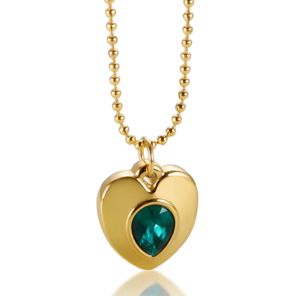 New Ins Simple Green Heart Pendant Love Necklace Beads Chain Titanium Steel Rice Necklace for Women Girls Trendy Party Jewelry
