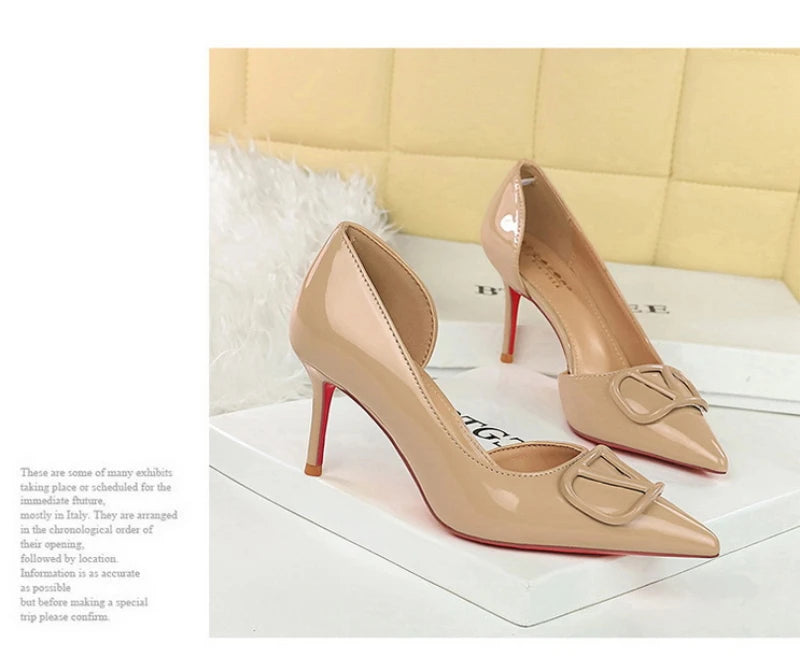 French Square Buckle Side Empty Slim Heel High Heels Women's Shoes Patent Leather Shiny Pointed Toe Shallow Mouth Single Shoes
