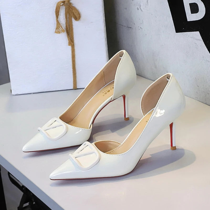 French Square Buckle Side Empty Slim Heel High Heels Women's Shoes Patent Leather Shiny Pointed Toe Shallow Mouth Single Shoes