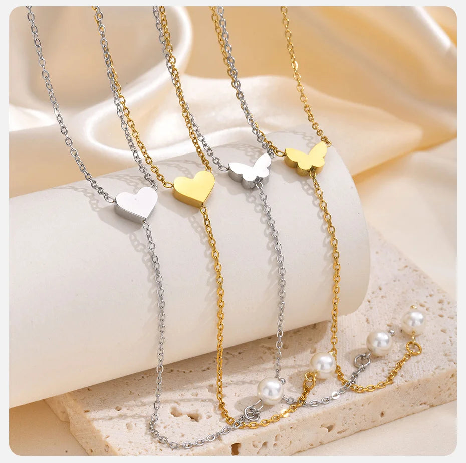 Vnox Heart Butterfly Charm Necklaces for Women, Simple Sweater Chain Collar, Y Necklaces Love Gift for Her