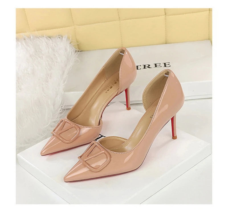 French Square Buckle Side Empty Slim Heel High Heels Women's Shoes Patent Leather Shiny Pointed Toe Shallow Mouth Single Shoes