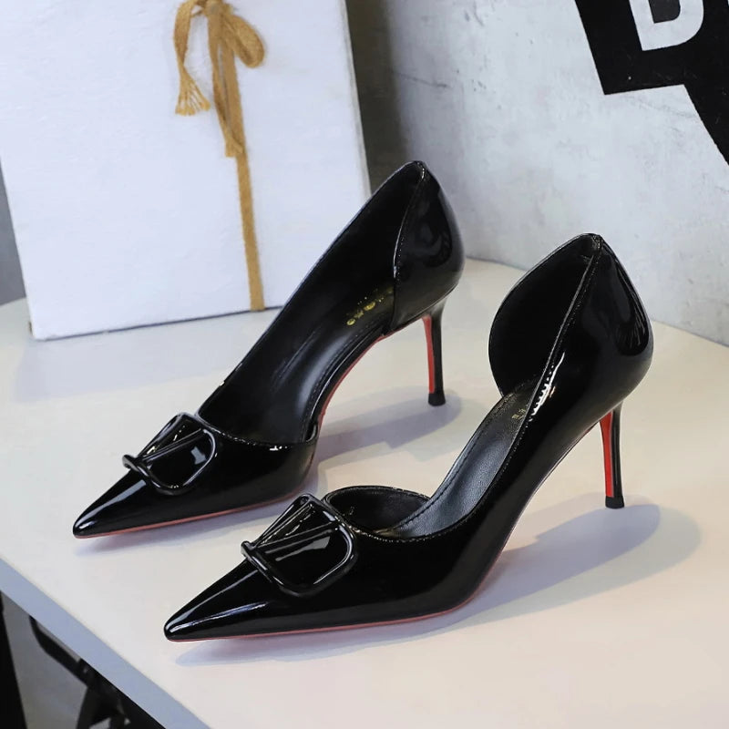 French Square Buckle Side Empty Slim Heel High Heels Women's Shoes Patent Leather Shiny Pointed Toe Shallow Mouth Single Shoes