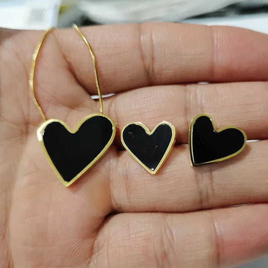 316L Stainless Steel Trend Black Big Heart Pendant Titanium Light Luxury Simple Versatile Necklace Stud Earrings Set