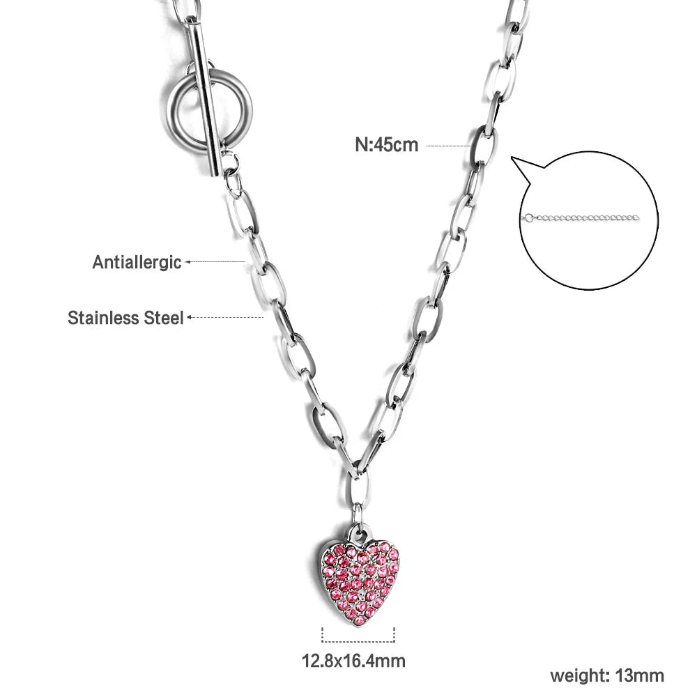 LUXUSTEEL New Stainless Steel Heart Pendant Necklace for Women Girls Temperament CZ Crystal Charm Choker Fashion Jewelry Gifts