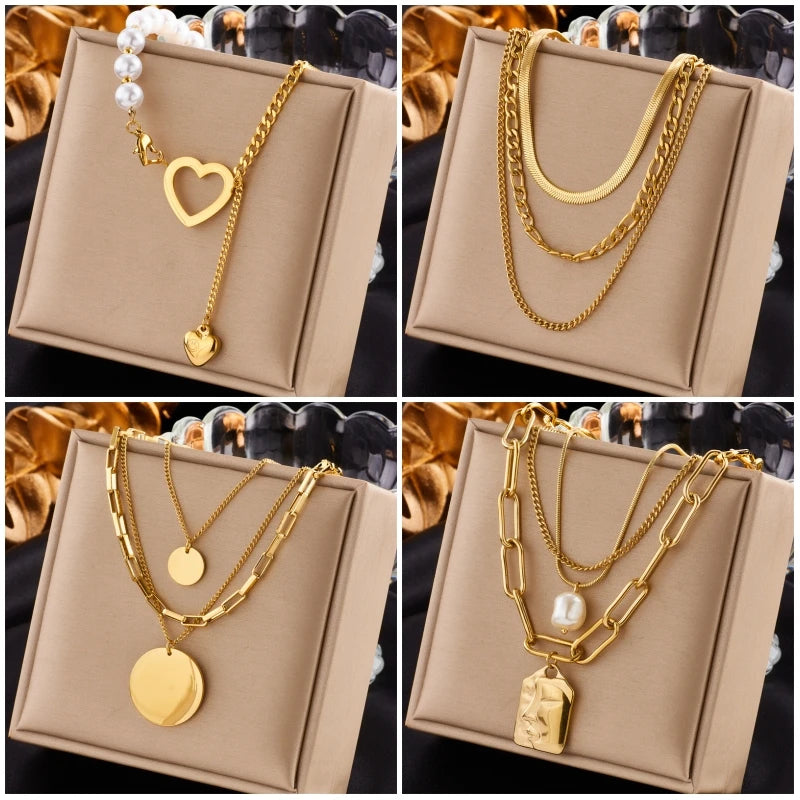 DIEYURO 316L Stainless Steel Gold Color Heart Pearl Pendant Necklace For Women Punk Street Rustproof Neck Jewelry Party Gift