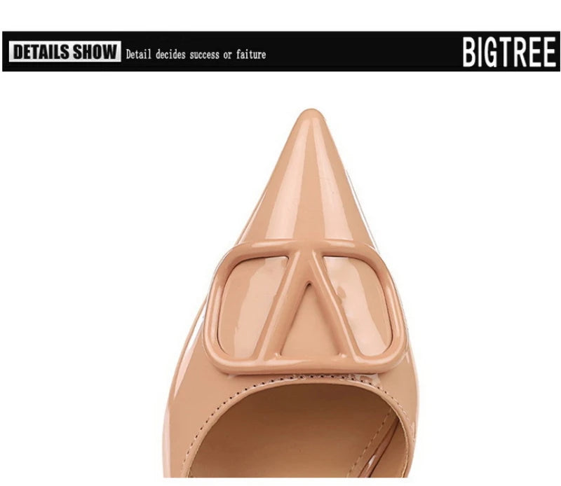 French Square Buckle Side Empty Slim Heel High Heels Women's Shoes Patent Leather Shiny Pointed Toe Shallow Mouth Single Shoes