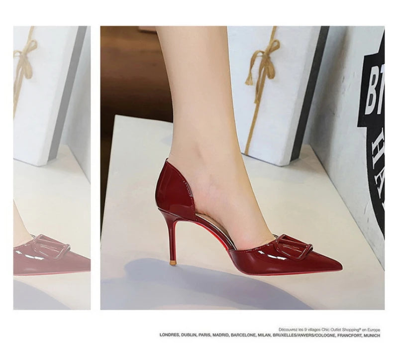 French Square Buckle Side Empty Slim Heel High Heels Women's Shoes Patent Leather Shiny Pointed Toe Shallow Mouth Single Shoes