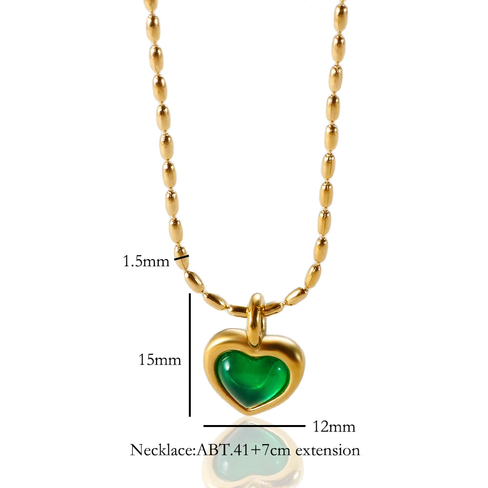 New Ins Simple Green Heart Pendant Love Necklace Beads Chain Titanium Steel Rice Necklace for Women Girls Trendy Party Jewelry