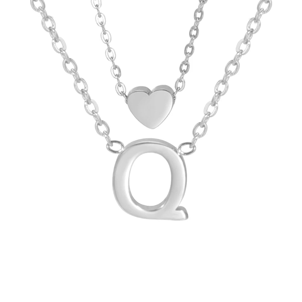 Amaxer Initial Letter Heart Pendant Double Layer Necklace For Women Girl A-Z Alphabet Stainless Steel Choker Collar Jewelry Gift