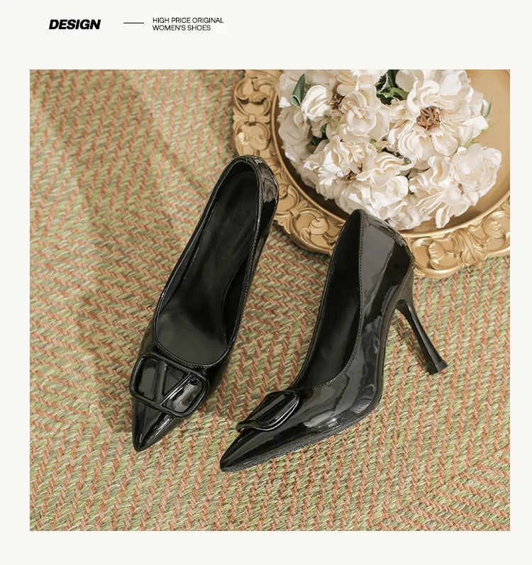 2025SS Ladies Latest 6-10CM Elegant Women's Nude Patent Leather Pumps V-Buckle Pointed Toe Thin Heel Niche Unique Design Shoes