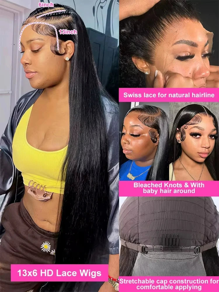 Black 30 40 Inch 13x4 13x6 HD Transparent Bone Straight Lace Front Wigs 5x5 Glueless Closure Human Hair Wigs For Women
