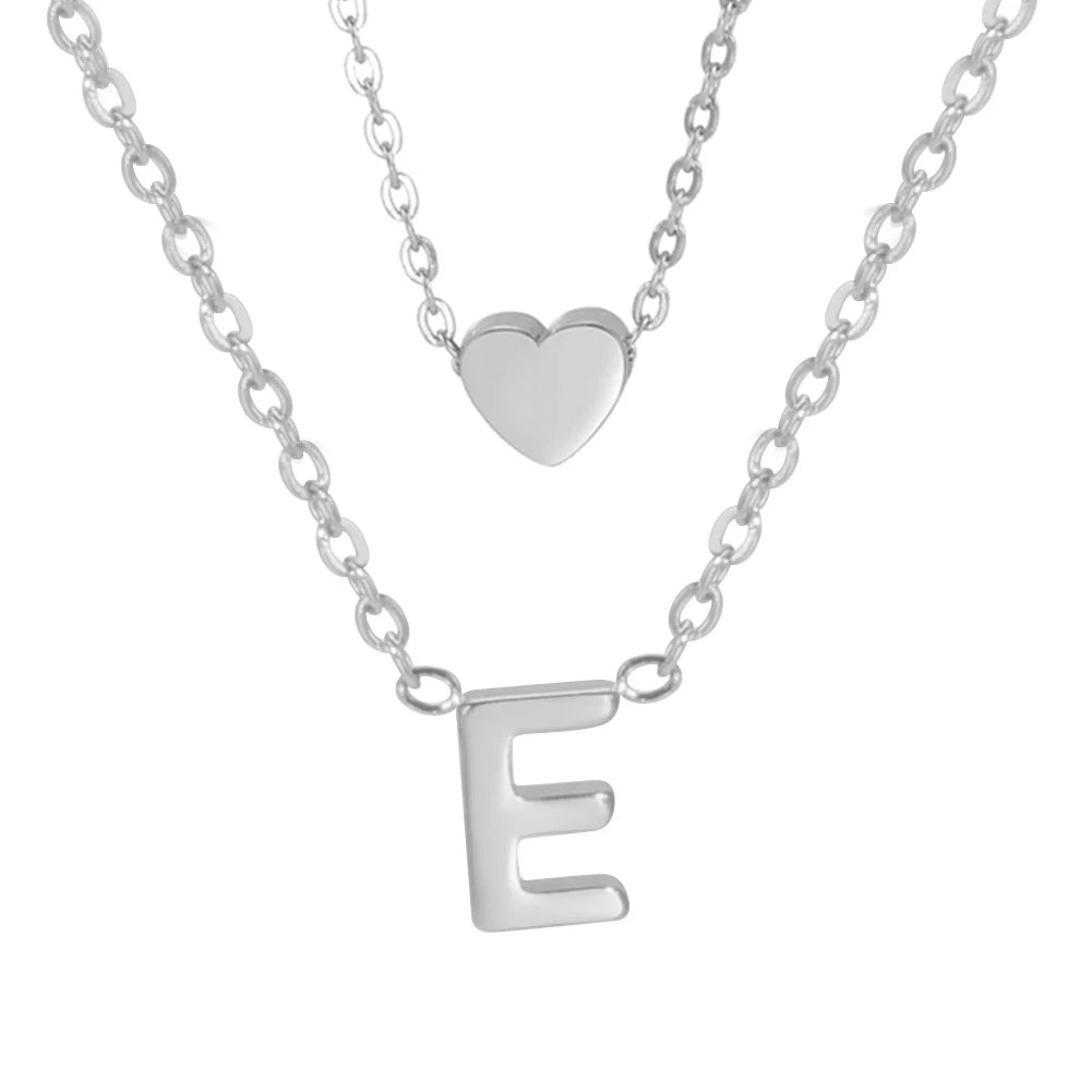 Amaxer Initial Letter Heart Pendant Double Layer Necklace For Women Girl A-Z Alphabet Stainless Steel Choker Collar Jewelry Gift