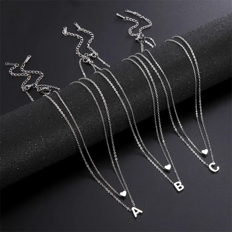 Fashion Tiny Heart Initial Necklace Gold Silver Color Multilayer Letter Choker Necklace For Women Charm Pendant Jewelry Gift