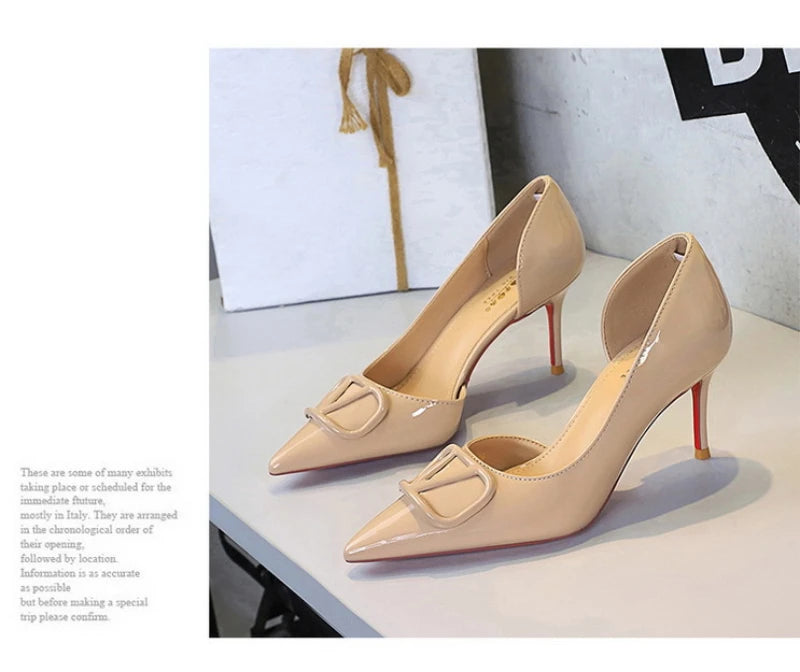 French Square Buckle Side Empty Slim Heel High Heels Women's Shoes Patent Leather Shiny Pointed Toe Shallow Mouth Single Shoes
