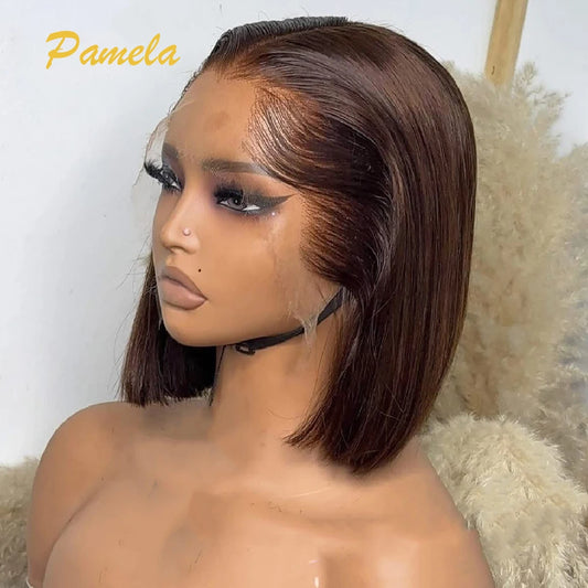 Peruca de cabelo humano Lagos Hairline, cor marrom, lisa, 13x6, transparente, renda frontal, pré-depilada, curta, bob, feminina