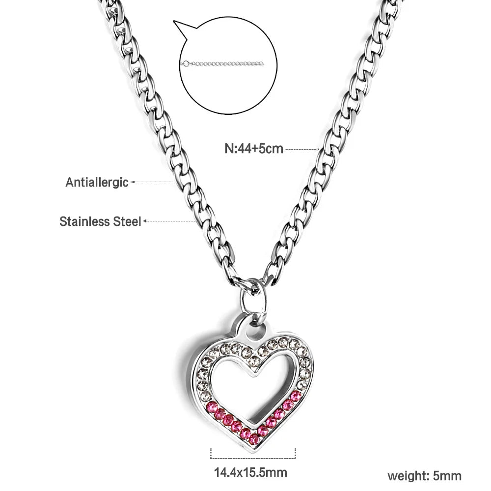 LUXUSTEEL New Stainless Steel Heart Pendant Necklace for Women Girls Temperament CZ Crystal Charm Choker Fashion Jewelry Gifts