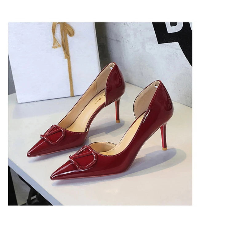 French Square Buckle Side Empty Slim Heel High Heels Women's Shoes Patent Leather Shiny Pointed Toe Shallow Mouth Single Shoes