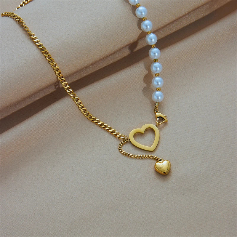 DIEYURO 316L Stainless Steel Gold Color Heart Pearl Pendant Necklace For Women Punk Street Rustproof Neck Jewelry Party Gift