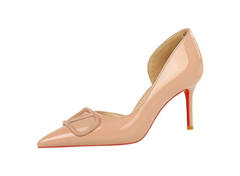 French Square Buckle Side Empty Slim Heel High Heels Women's Shoes Patent Leather Shiny Pointed Toe Shallow Mouth Single Shoes