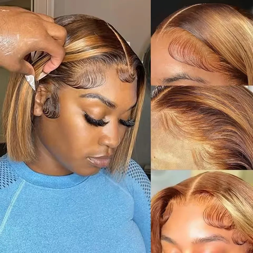 Peruca reta Bob com mechas Ombre, densidade 200%, 13x4 HD, renda frontal, 4/27, loira mel, brasileira, cabelo humano 100% pré-arrancado