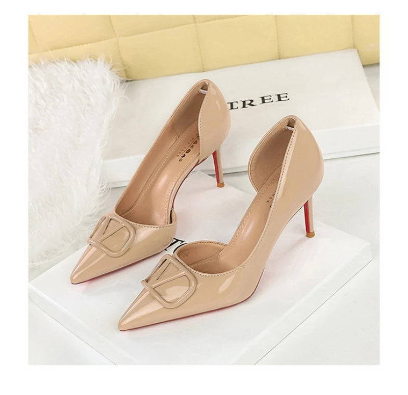 French Square Buckle Side Empty Slim Heel High Heels Women's Shoes Patent Leather Shiny Pointed Toe Shallow Mouth Single Shoes