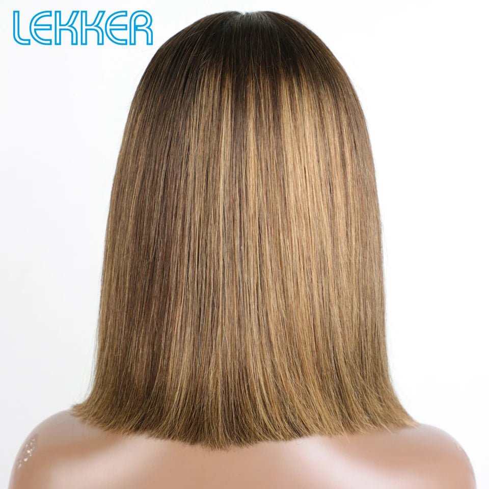 Lekker Highlight Brown Straight Bob 13x1 T Part Lace Front 100% Human Hair Wigs For Women Brazilian Remy Hair Colored Bob Wigs