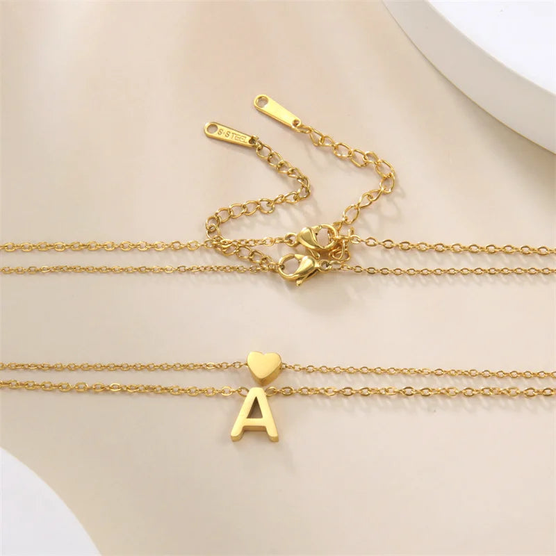 Fashion Tiny Heart Initial Necklace Gold Silver Color Multilayer Letter Choker Necklace For Women Charm Pendant Jewelry Gift