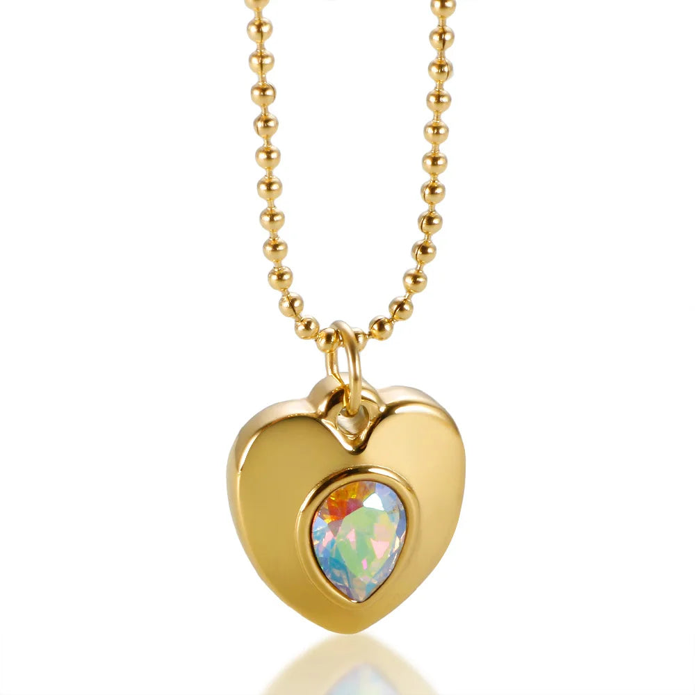 New Ins Simple Green Heart Pendant Love Necklace Beads Chain Titanium Steel Rice Necklace for Women Girls Trendy Party Jewelry