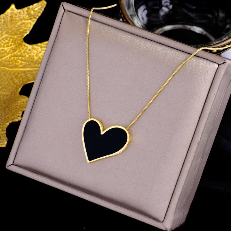 ENSHIR 316L Stainless Steel Big Black Love Heart Shell Necklace for Women Snake Chain Jewelry Gift Wholesale