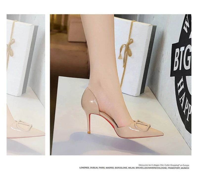 French Square Buckle Side Empty Slim Heel High Heels Women's Shoes Patent Leather Shiny Pointed Toe Shallow Mouth Single Shoes