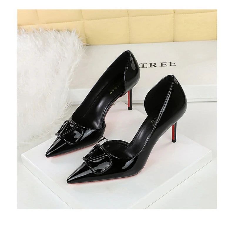 French Square Buckle Side Empty Slim Heel High Heels Women's Shoes Patent Leather Shiny Pointed Toe Shallow Mouth Single Shoes