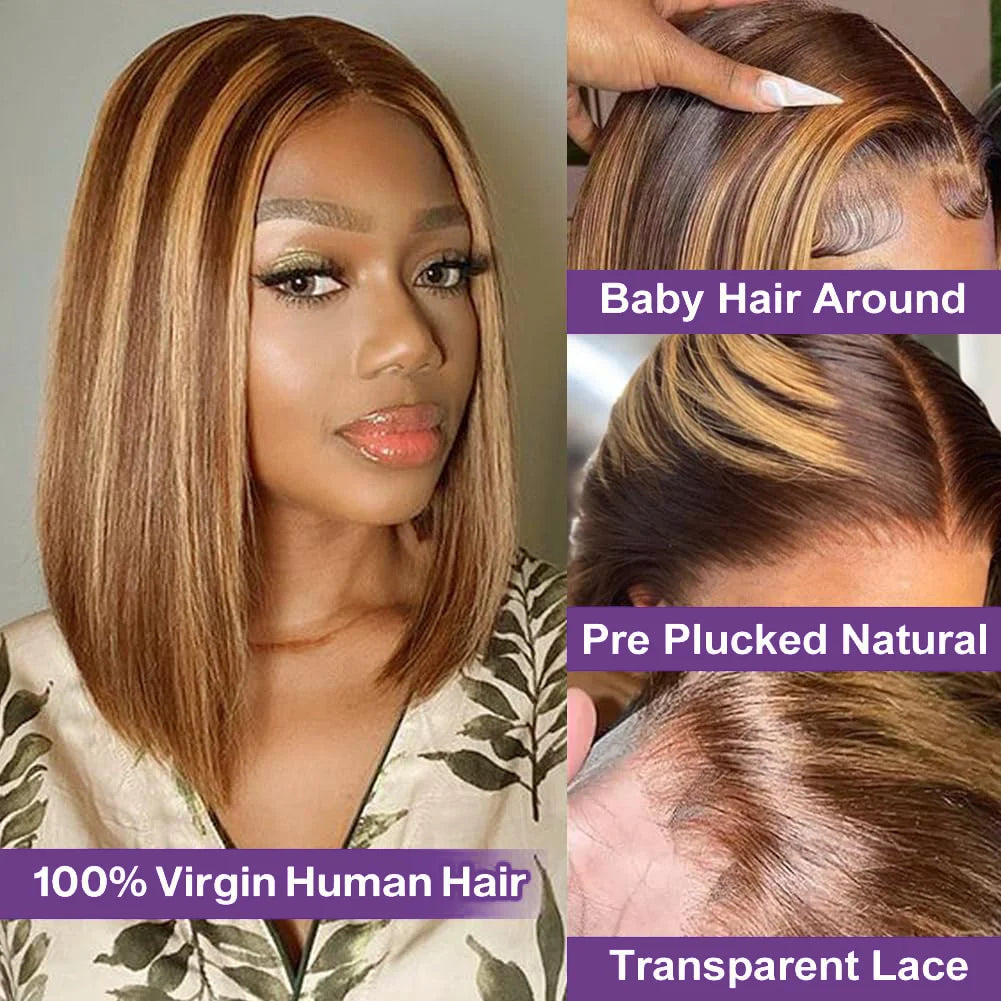 4/27 Highlight Bob Wigs Piano Colored Straight 13x4 Lace Frontal Human Hair Wig For Women Transparent Lace Front Bob Wigs