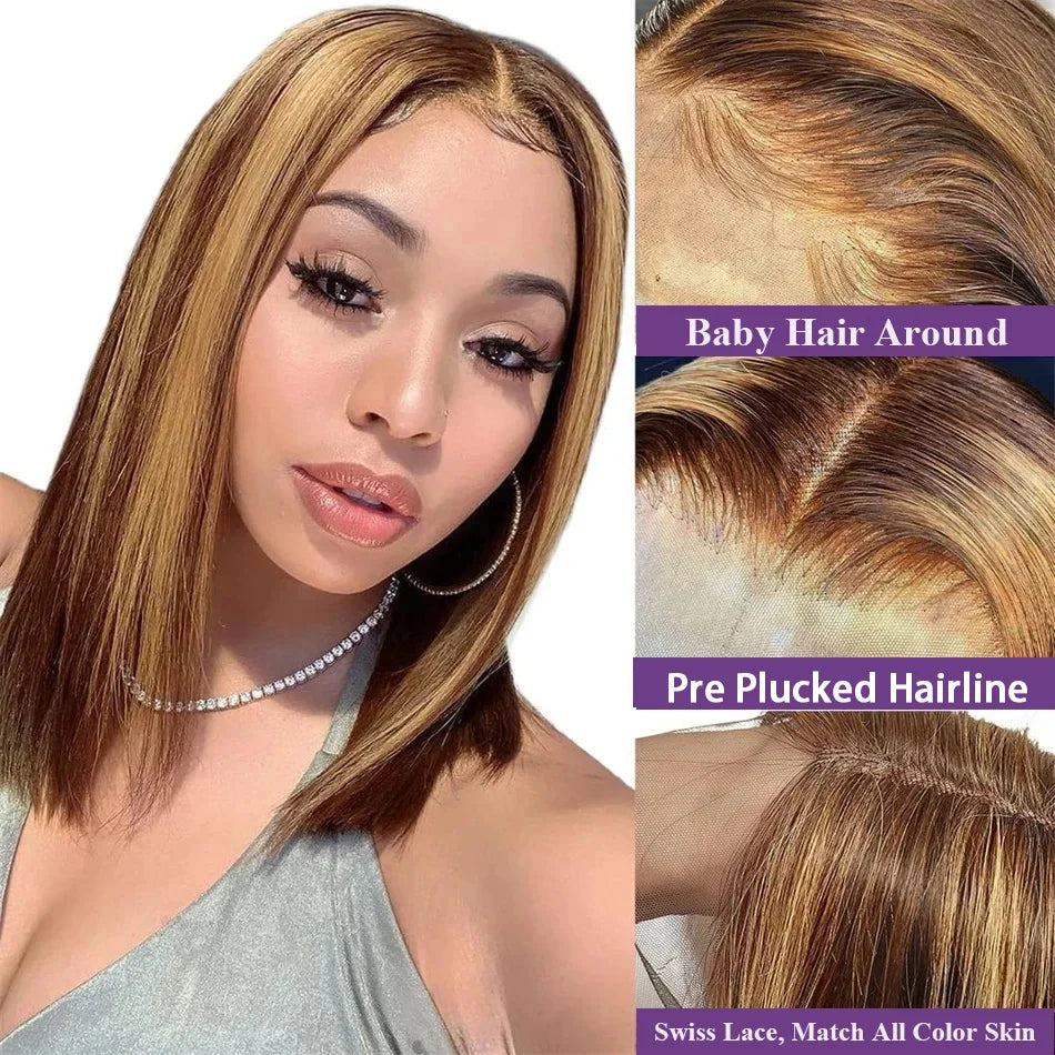 4/27 Highlight Bob Wigs Piano Colored Straight 13x4 Lace Frontal Human Hair Wig For Women Transparent Lace Front Bob Wigs
