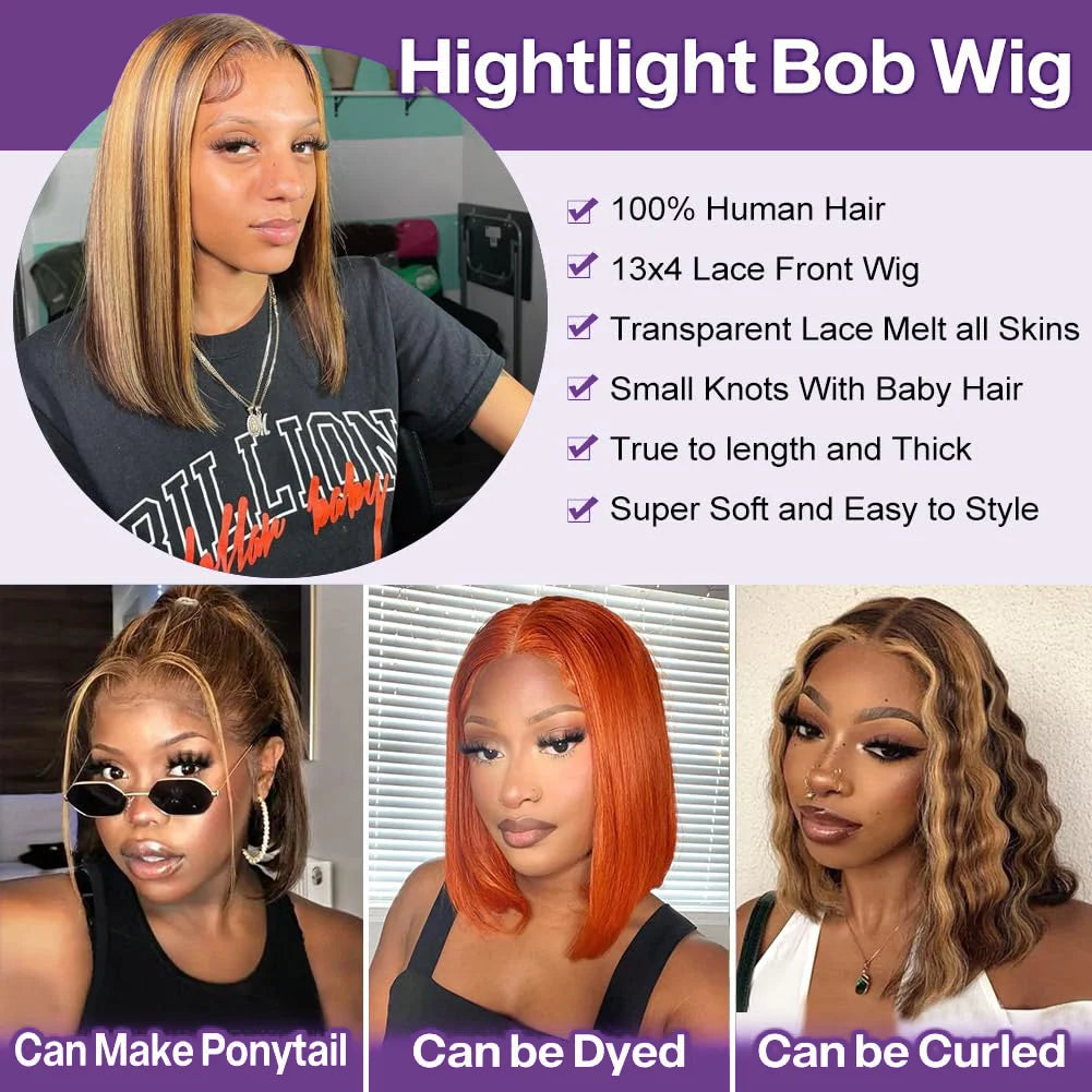 4/27 Highlight Bob Wigs Piano Colored Straight 13x4 Lace Frontal Human Hair Wig For Women Transparent Lace Front Bob Wigs