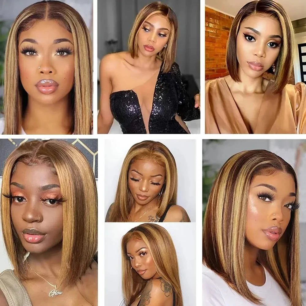 4/27 Highlight Bob Wigs Piano Colored Straight 13x4 Lace Frontal Human Hair Wig For Women Transparent Lace Front Bob Wigs